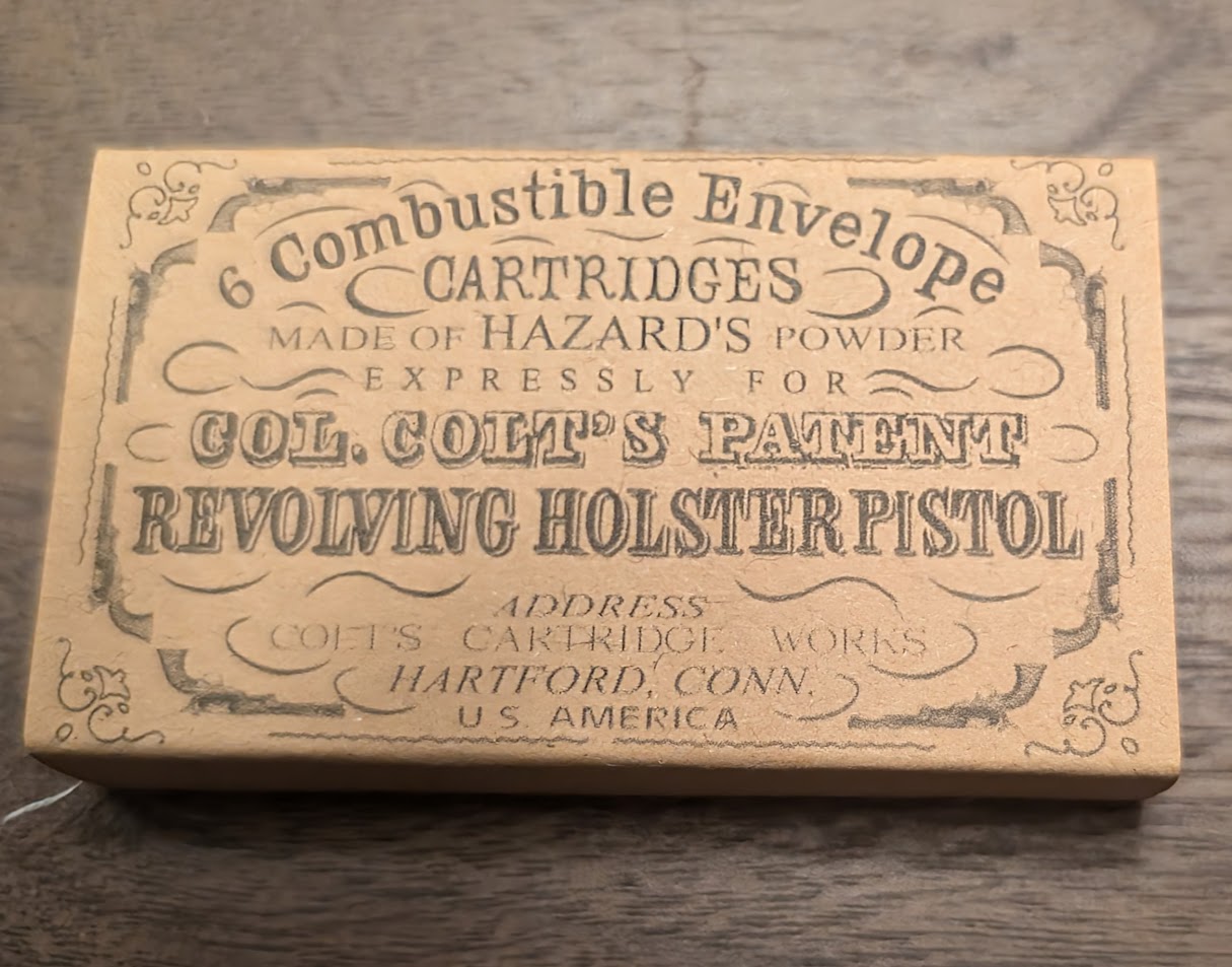 Paper Cartridge Box: .44 Caliber, Split Clamshell Style Holds Six Cartridges for "Army" Black Powder Revolvers