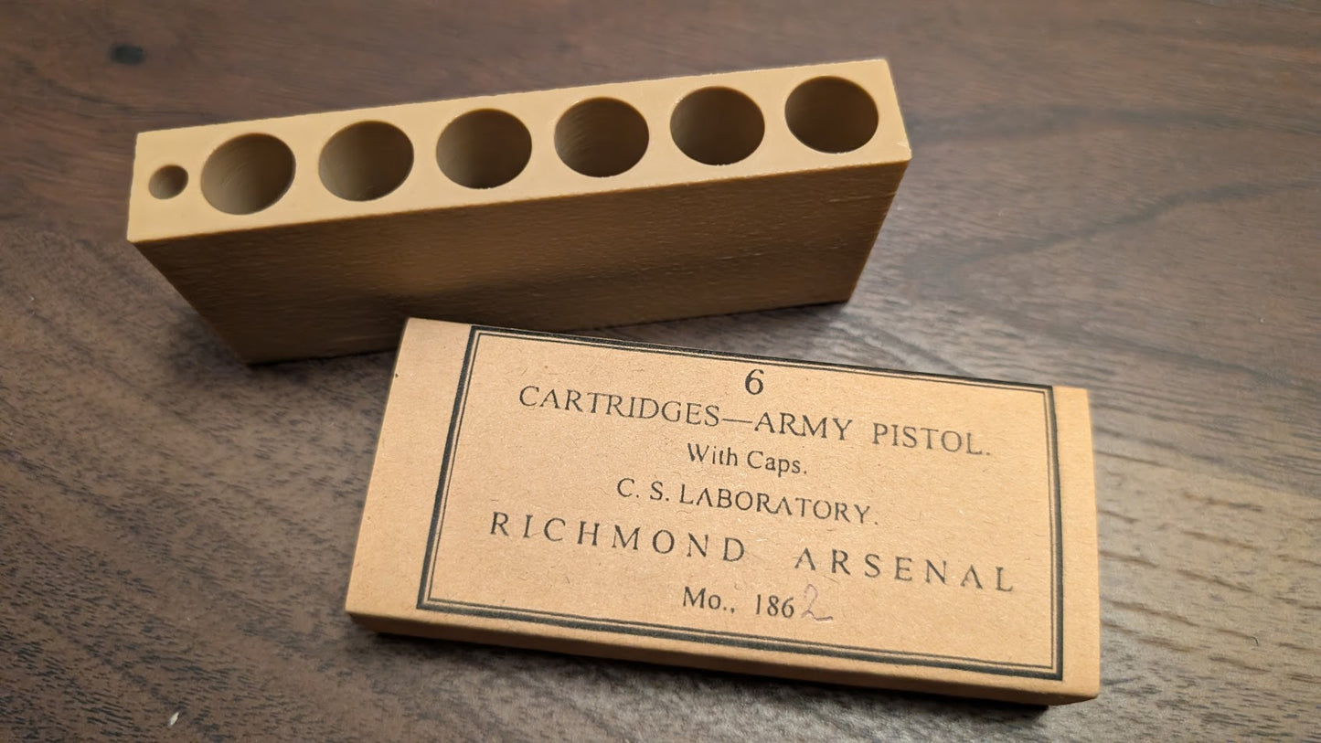 Paper Cartridge Box: .44 Caliber, Richmond Arsenal Style with Storage for Percussion Caps, for "Army" Black Powder Revolvers