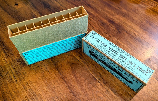 Rifle Cartridge Box: All-Plastic .30-06 or .30-03 Winchester with Vintage Style Label and Slip Top Lid, for Springfield 1903, 1895 & Others