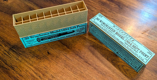 Rifle Cartridge Box: All-Plastic .30-30 Winchester with Vintage Style Label and Slip Top Lid, for 1894, Marlin 336, and Others