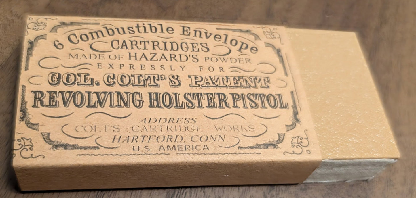 Paper Cartridge Box: .44 Caliber, Split Clamshell Style Holds Six Cartridges for "Army" Black Powder Revolvers