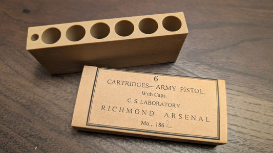 Paper Cartridge Box: .44 Caliber, Richmond Arsenal Style with Storage for Percussion Caps, for "Army" Black Powder Revolvers