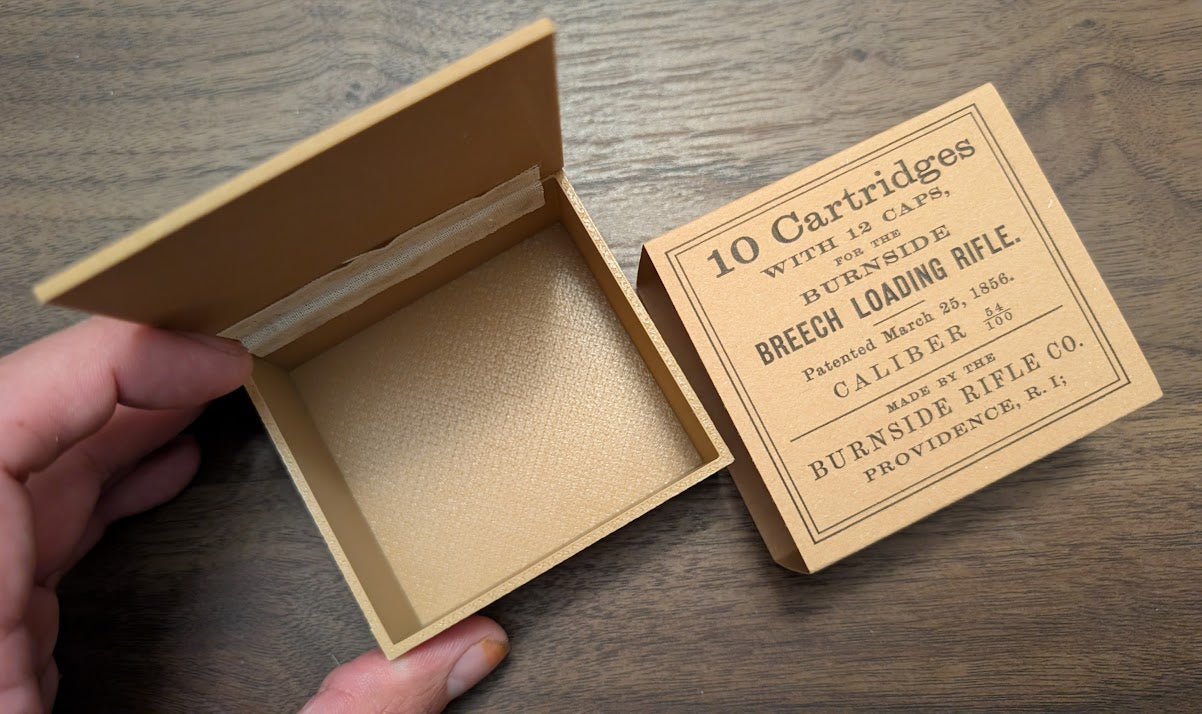 Cartridge Box: All-Plastic Burnside Carbine, Holds 10 Cartridges and 12 Musket Caps in Paper Tube; Option to Include Cap Tube Dowel (Copy) (Copy)