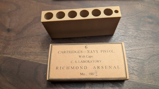 Paper Cartridge Box: .36 Caliber, Richmond Arsenal Style with Storage for Percussion Caps, for "Navy" Black Powder Revolvers
