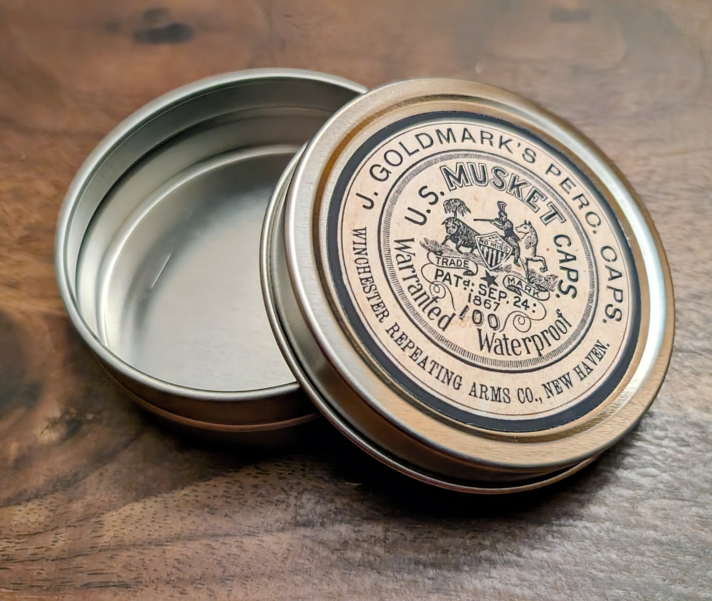 Percussion Cap Tins: Vintage Style UMC or Goldmark Labels, Holds 100 4-Wing Musket Caps