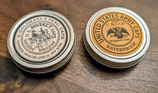 Percussion Cap Tins: Vintage Style UMC or Goldmark Labels, Holds 100 4-Wing Musket Caps