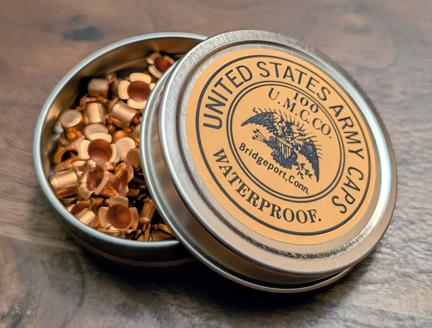 Percussion Cap Tins: Vintage Style UMC or Goldmark Labels, Holds 100 4-Wing Musket Caps