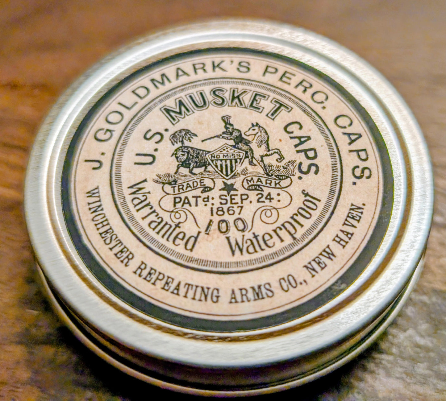 Percussion Cap Tins: Vintage Style UMC or Goldmark Labels, Holds 100 4-Wing Musket Caps