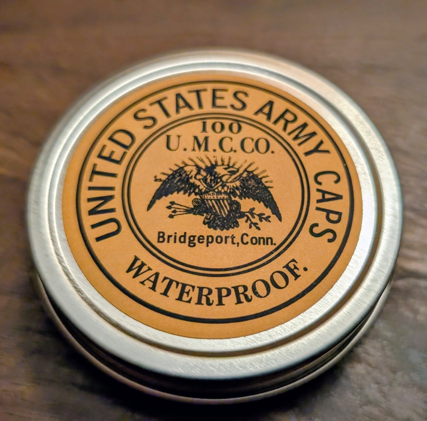 Percussion Cap Tins: Vintage Style UMC or Goldmark Labels, Holds 100 4-Wing Musket Caps