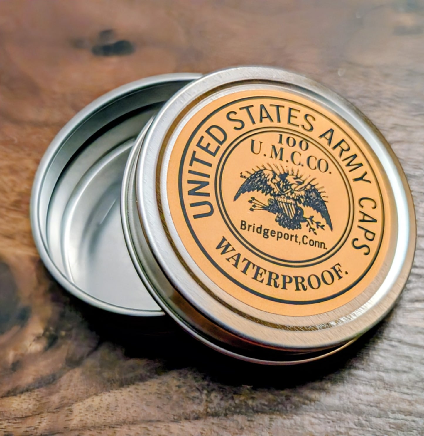 Percussion Cap Tins: Vintage Style UMC or Goldmark Labels, Holds 100 4-Wing Musket Caps