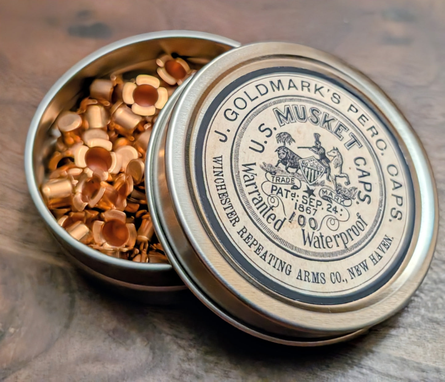 Percussion Cap Tins: Vintage Style UMC or Goldmark Labels, Holds 100 4-Wing Musket Caps