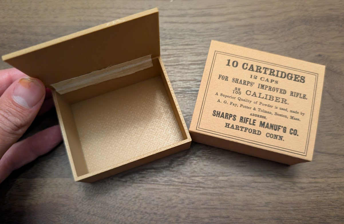 Cartridge Box: All-Plastic Sharps Carbine, Holds 10 Paper or Linen Cartridges and 12 Musket Caps in Paper Tube; Option to Include Cap Tube Dowel