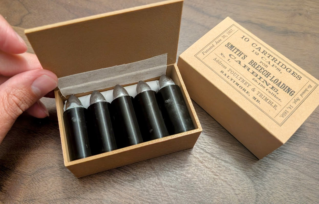 Cartridge Box: All-Plastic Smith Carbine, Holds 10 Rubber Cartridges and 12 Musket Caps in Paper Tube; Option to Include Cap Tube Dowel