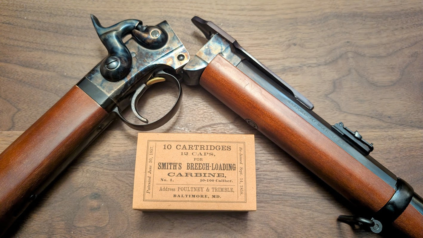 Cartridge Box: All-Plastic Smith Carbine, Holds 10 Rubber Cartridges and 12 Musket Caps in Paper Tube; Option to Include Cap Tube Dowel