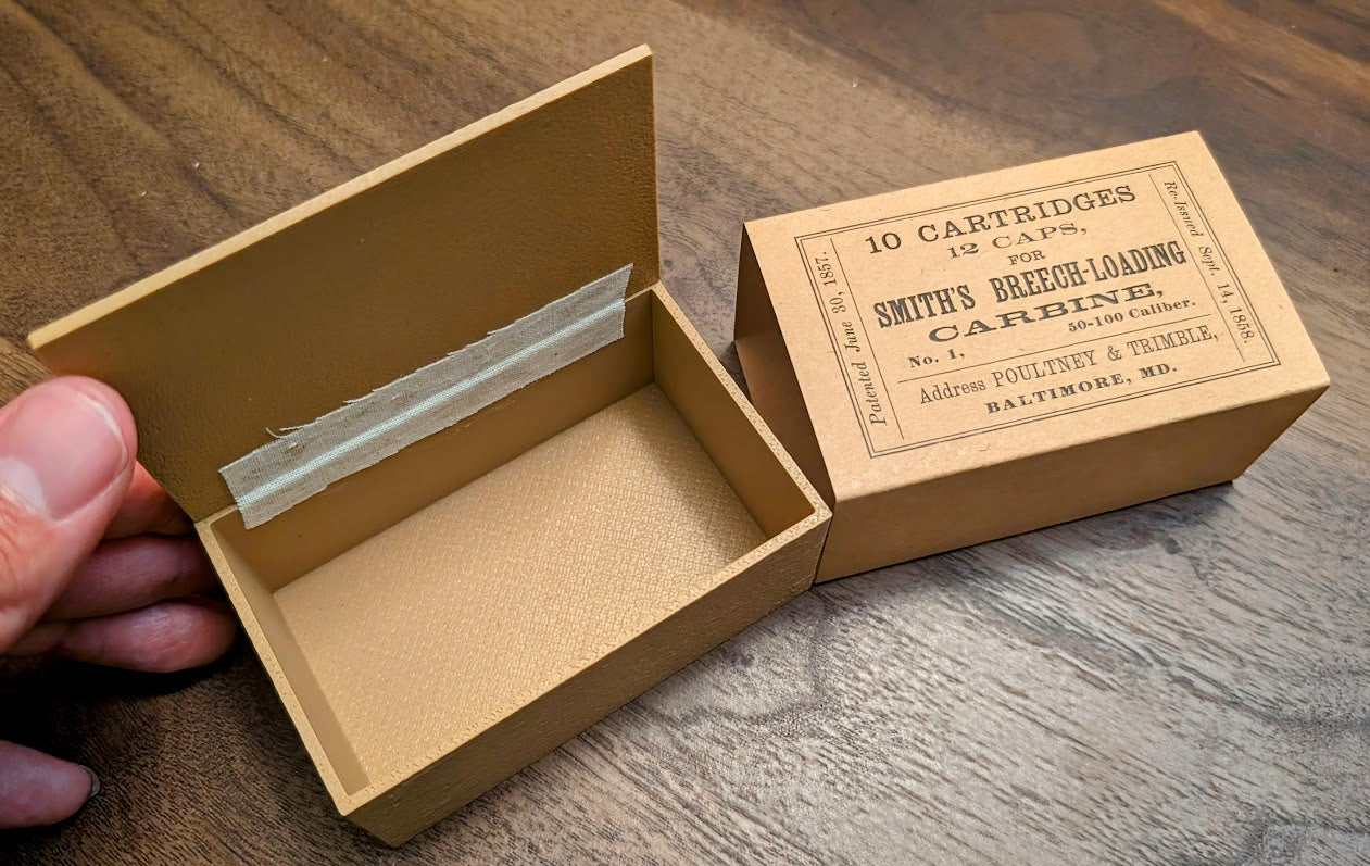Cartridge Box: All-Plastic Smith Carbine, Holds 10 Rubber Cartridges and 12 Musket Caps in Paper Tube; Option to Include Cap Tube Dowel