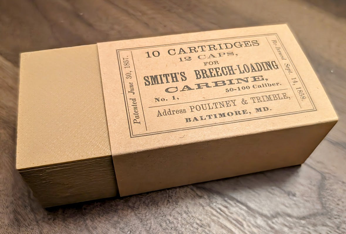 Cartridge Box: All-Plastic Smith Carbine, Holds 10 Rubber Cartridges and 12 Musket Caps in Paper Tube; Option to Include Cap Tube Dowel