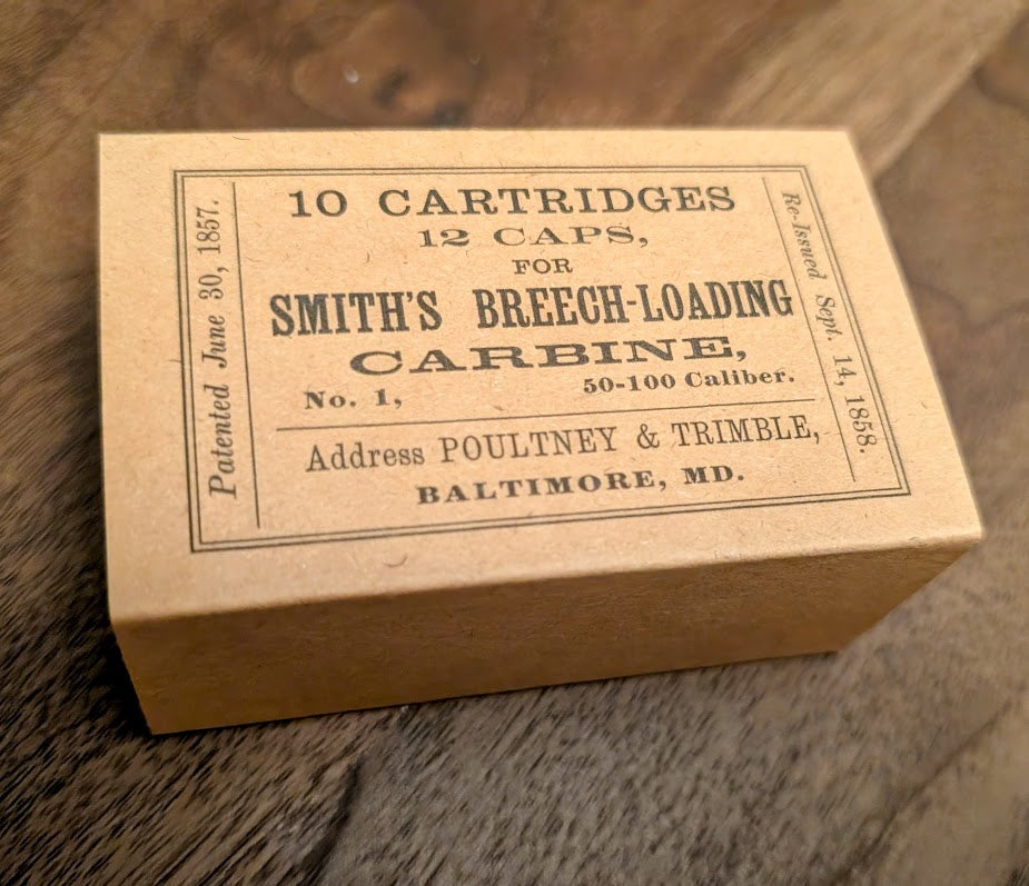 Cartridge Box: All-Plastic Smith Carbine, Holds 10 Rubber Cartridges and 12 Musket Caps in Paper Tube; Option to Include Cap Tube Dowel