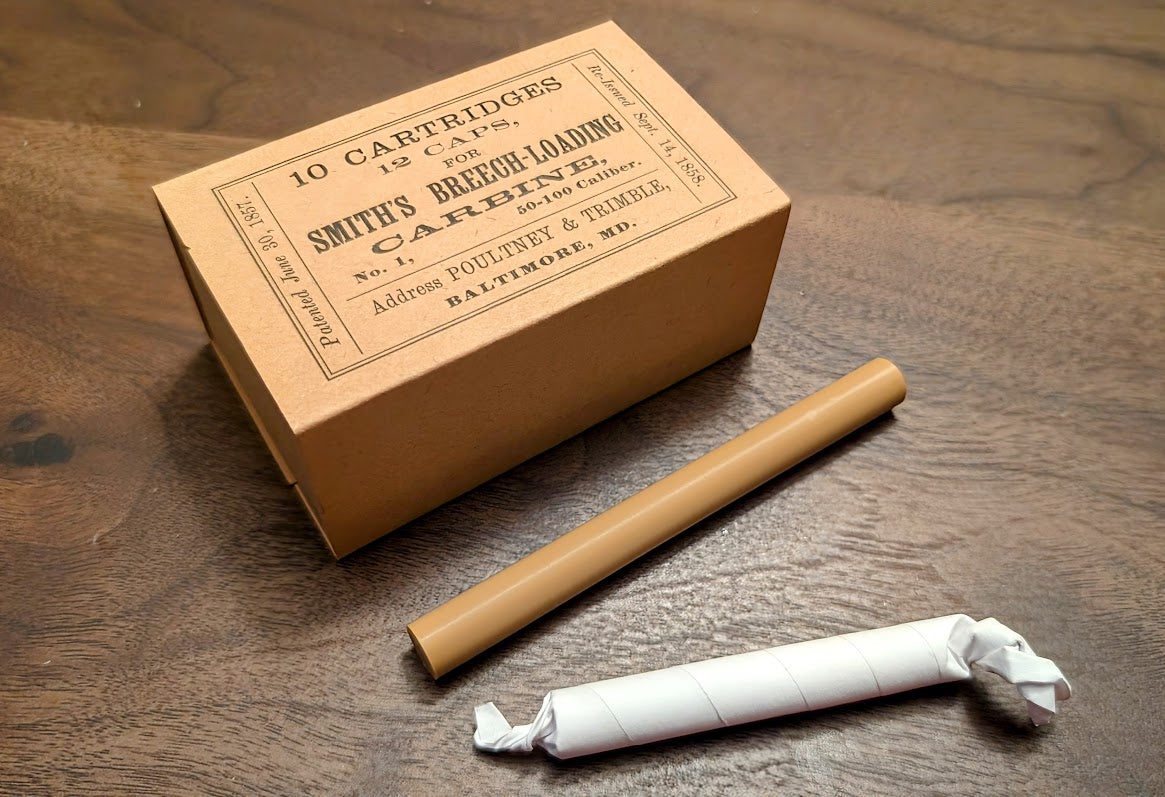 Cartridge Box: All-Plastic Smith Carbine, Holds 10 Rubber Cartridges and 12 Musket Caps in Paper Tube; Option to Include Cap Tube Dowel